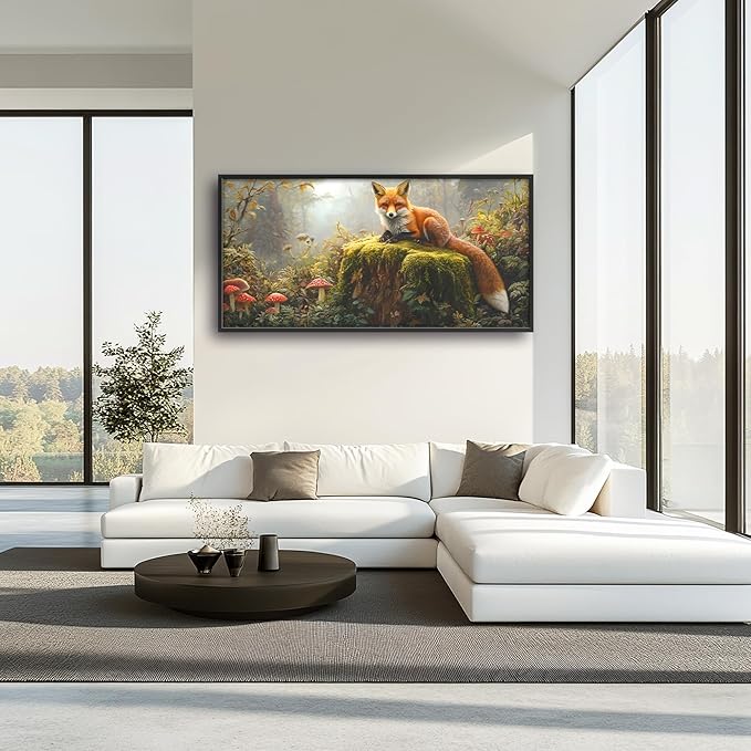 Forest Fox Large Wall Art Framed Rustic Wall Decor for Living Room Fox Mushroom Pictures Oversized Canvas Print Painting Modern Extra Large Framed Artwork for Bedroom Office 60"x30"