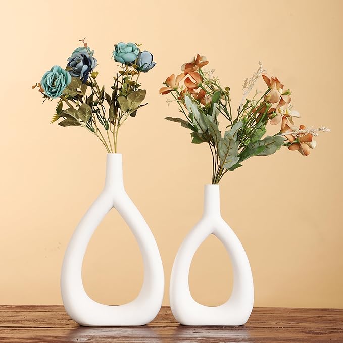 Ajuny Oval Vase Set of 2 – White Ceramic Decorative Vases, Farmhouse Style Modern Accent for Wall Decor, Bedroom, Living Room, Coffee Table, Office