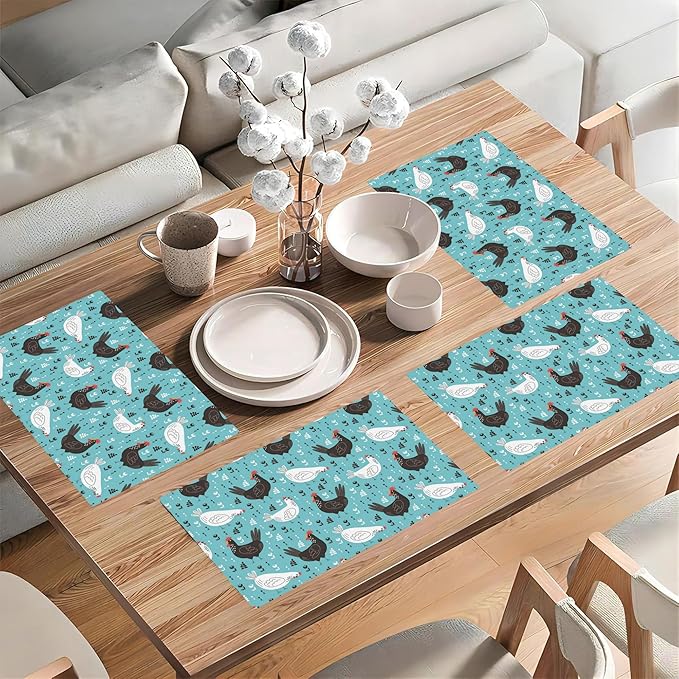 Lovely Roosters Placemats Set of 4,Hens 12x18 Inch Non-Slip Washable Heat Resistant Linen Fabric Table Mats,Place Mats for Holiday Party