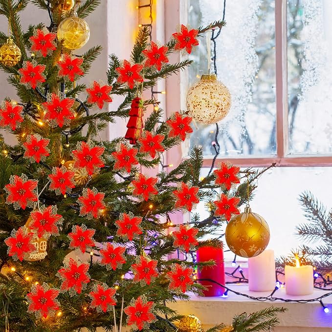 Geosar 24 Pieces Christmas Glitter Poinsettia Flowers Layered Artificial Xmas Flowers Wedding Christmas Tree New Year Ornaments 3/4/6 Inch(Red)