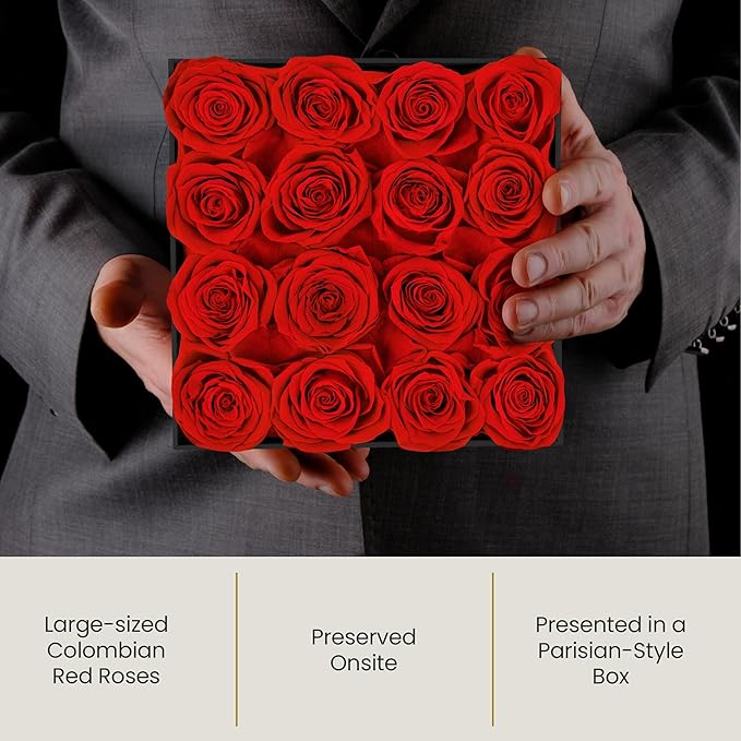 The Eternity Rose 16-Piece Preserved Roses in a Luxury Gift Box – Real Roses in Square Black Box – A Valentine’s Gift as Everlasting as Your Love
