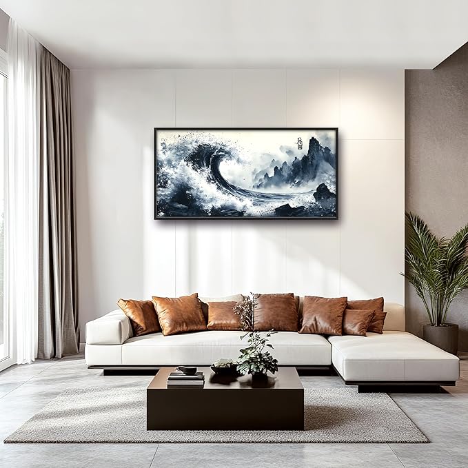 Mountain Wave Large Wall Art Framed Chinese Wall Decor for Living Room Waves Pictures Oversized Canvas Print Painting Modern Extra Large Framed Artwork for Bedroom Office Home Decor 60"x30"