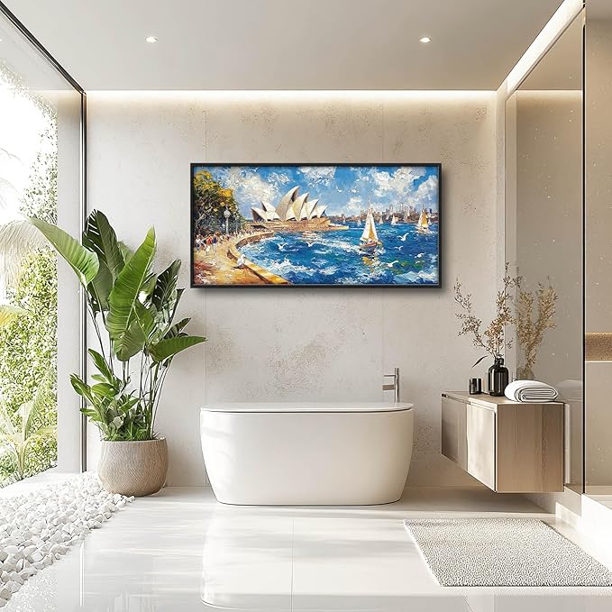 Sydney Opera House Large Wall Art Beach Boat Pictures Wall Decor Coastal Canvas Seascape Print Painting Modern Artwork Home Decoration for Living Room Bathroom Bedroom Office Framed 60"x30"