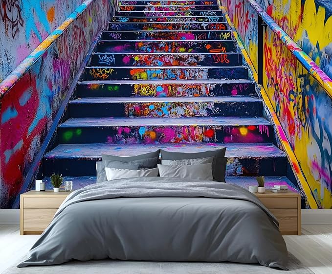 Graffiti Staircase Wall Mural, Urban Street Art 3D Wall Murals, Modern Hip-Hop Colorful Graffiti Steps Wallpaper Mural, for Living Room Bedroom Large Wallpaper Indoor Decor 157.5" W x110.3 H