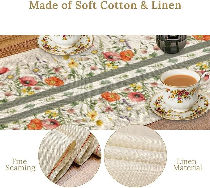 Watercolor Floral Table Runner, Red Wildflowers Botanical Nature Farmhouse Design Table Runner for Kitchen Dining Home Party, 13x108 Inch