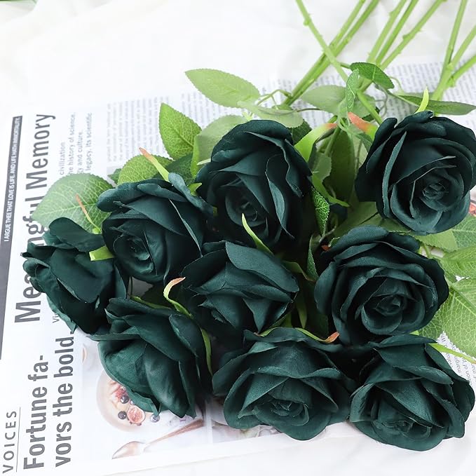12pcs Roses Artificial Flowers Peacock Green Roses Flowers with Long Stems Silk Flowers for Wedding Bouquet Centerpices Decorations Party Bridal Baby Shower Home Décor Fake Roses
