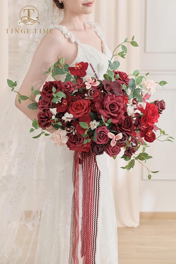 TINGE TIME 17 Inch Artificial Bridal Bouquet Realistic Silk Wedding Bouquet, Durable Fake Flowers for Brides, Bridesmaids, Home Decor, and Events (Burgundy Red)