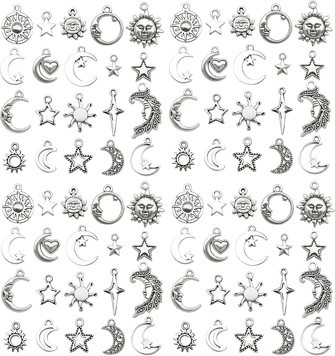 WOCRAFT 60pcs Antique Silver Sun Moon Star Bracelet Charms for Jewelry Making Sets DIY Necklace Bracelet Keychain Crafting Charms Kit Craft Supplies (SN833)