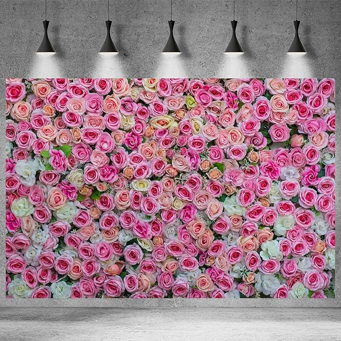 Pink Rose Flowers Theme Photography Backdrop Baby Shower Wedding Happy Birthday Photo Background Dessert Cake Table Floral Decoration Supplies Studio Props Decor Background 10x6.5ft
