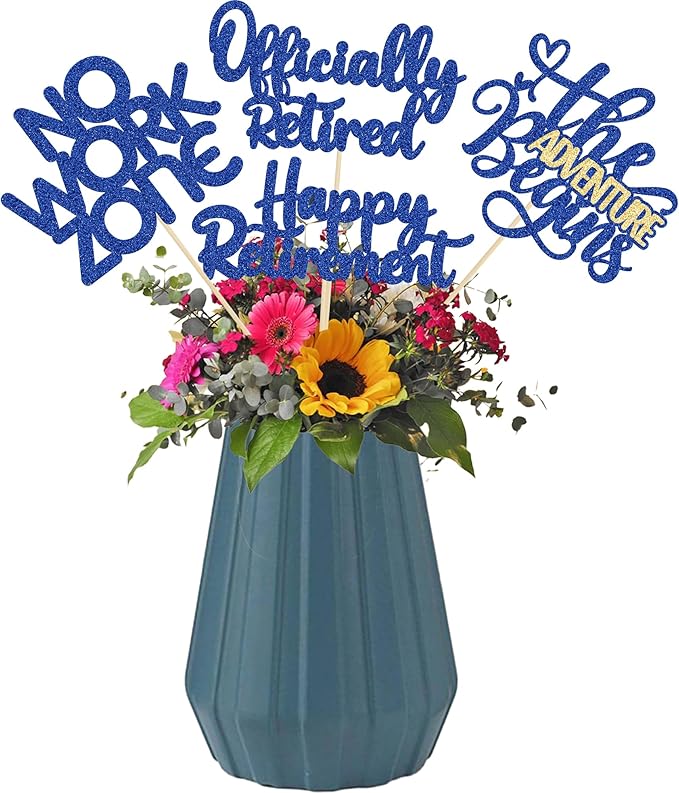 Ephlyn 16Pcs Happy Retirement Centerpiece Sticks Officially Retired Table Flower Centerpieces Sticks No Work Zone Floral Decorations for Farewell Birthday Party Centerpieces Supplies Blue