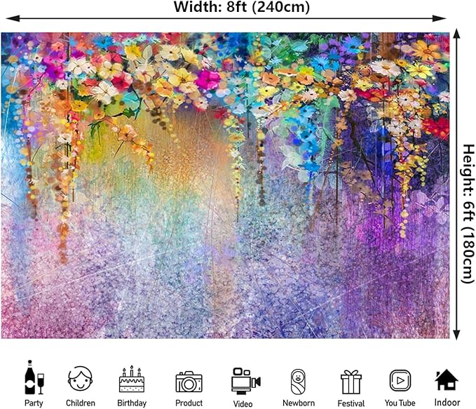 8x6ft Purple Abstract Flower Backdrop Watercolor Painting Photography Background for Wedding Bridal Shower Birthday Party Portrait Shooting Video Studio Props