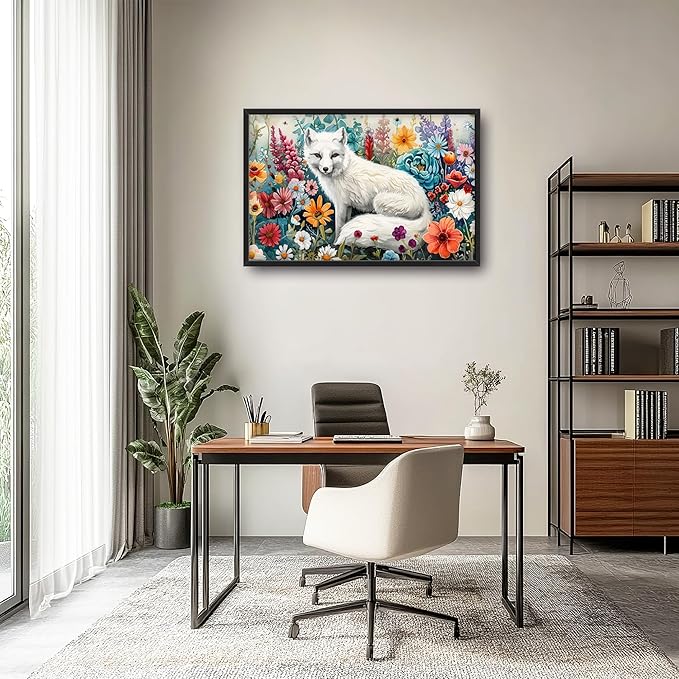 Framed Large Pictures Wall Art for Living Room, White Fox Oversized Wall Decor Animal Floral Canvas Print Painting Modern Extra Large Framed Artwork for Bedroom Office 36"x24"
