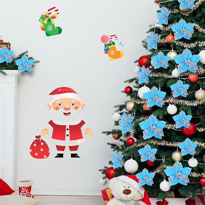 WILLBOND 36 Pieces Christmas Poinsettia Glitter Faux Flowers Christmas Artificial Flowers Tree Ornaments Topper Xmas Decorations(Lake Blue)