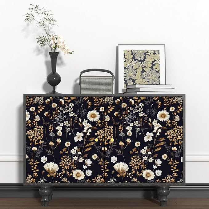 Dark Floral Peel and Stick Wallpaper Vintage Flower Contact Paper Vinyl Waterproof Self Adhesive Removable Retro Decor Black gold Botanical Wall Paper for Bedroom Walls Bookcase Drawers 17.5" x 118"