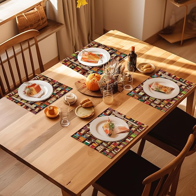 Library Book Shelf Placemats Set of 4, Linen Place Mats Heat Resistant Non-Slip Washable Table Mats for Dining Kitchen Party Decor 12"x18"