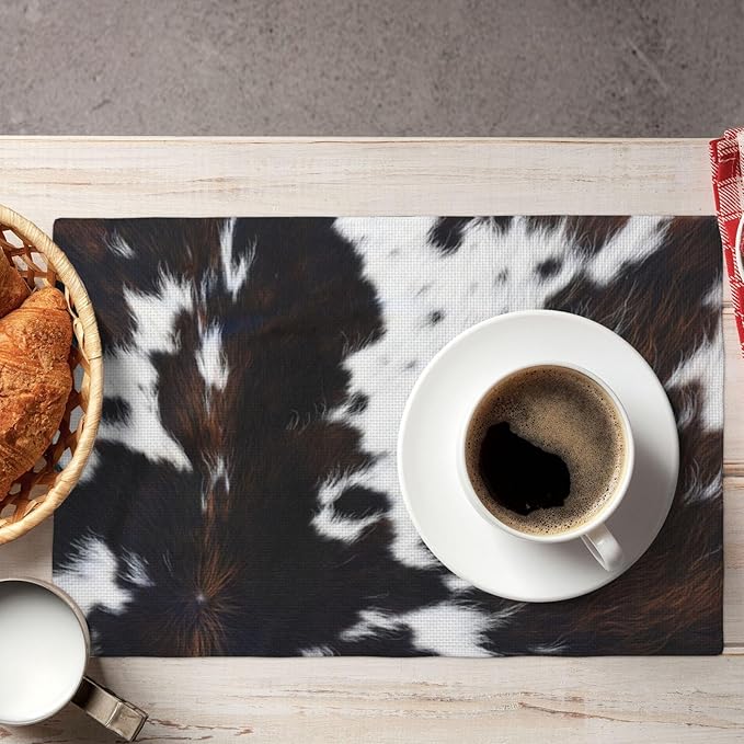 Vintage Cowhide Animal Placemats, Natural Rustic Farm Vintage Cow Animal Fur Texture Print Washable Fabric Placemats Table Kitchen Dining Party 12x18 Inch Set of 6