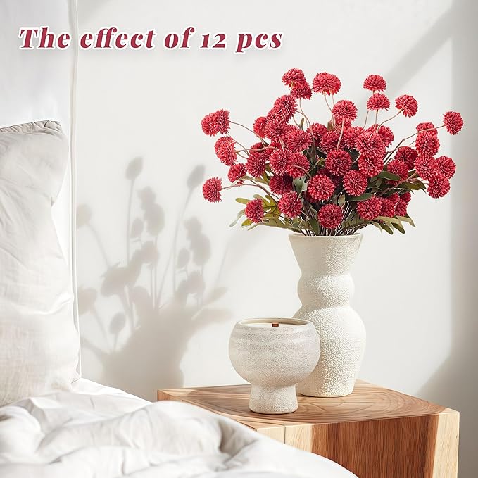 SITUMEIZI Red Faux Silk Pompon Mum Artificial Red Flowers Fake Mini Chrysanthemum Flowers Mums 6Pcs for Christmas Home Party Wedding Decorations