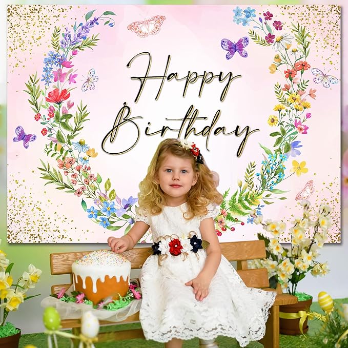 Sensfun Wildflower Happy Birthday Backdrop Banner for Women Wild Flower Birthday Decorations Rustic Floral Butterfly Photography Background for Girls Wildflower Bday Party Decor Photo Booth Prop 7x5ft