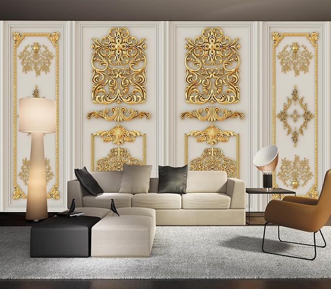 Eierme-Interior Walls with Golden Relief Patterns Mural Wallpaper Peel and Stick 137" x 102"