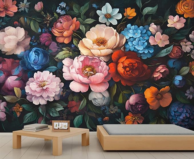 KIREUPA Vintage Peony Floral Wall Mural, Oil Painting Dutch Flower 3d Wall Murals, Romantic Dark Botanical Wallpaper Mural, for Living Room Bedroom Large Wallpaper Indoor Decor 118" W x 82.6 "H