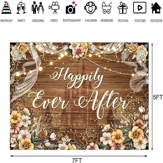 Happily Ever After Backdrop Bridal Shower Wedding Party Brown Wood Photography Background Boho Floral Golden Rose Dots Wedding Decor Banner Portrait Photo Booth Studio Props 7x5ft FU037YL