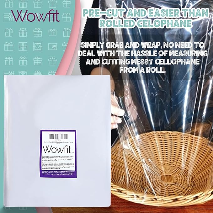 Wowfit Cello Clear Bags, 10 CT 30x40 inches - Durable & Easy-to-Use Cellophane Packaging Solution for Gift Baskets, Raffles, Birthday Events and More(Flat, No Gusset, Ribbon Not included)