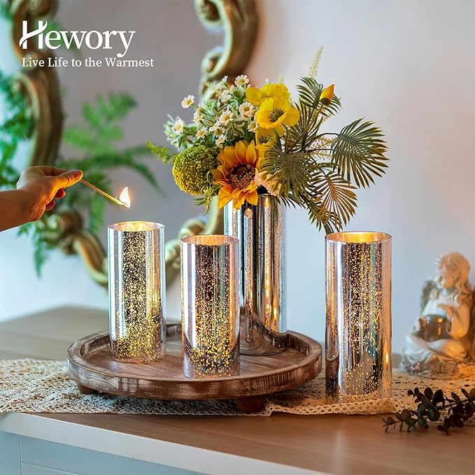 Glass Cylinder Vases Set of 12, Hewory Glittery Silver Vase for Centerpieces, Glass Hurricane Candle Holders for Pillar Floating Candle, Round Tall Vase for Wedding Anniversary Events Home Table Decor