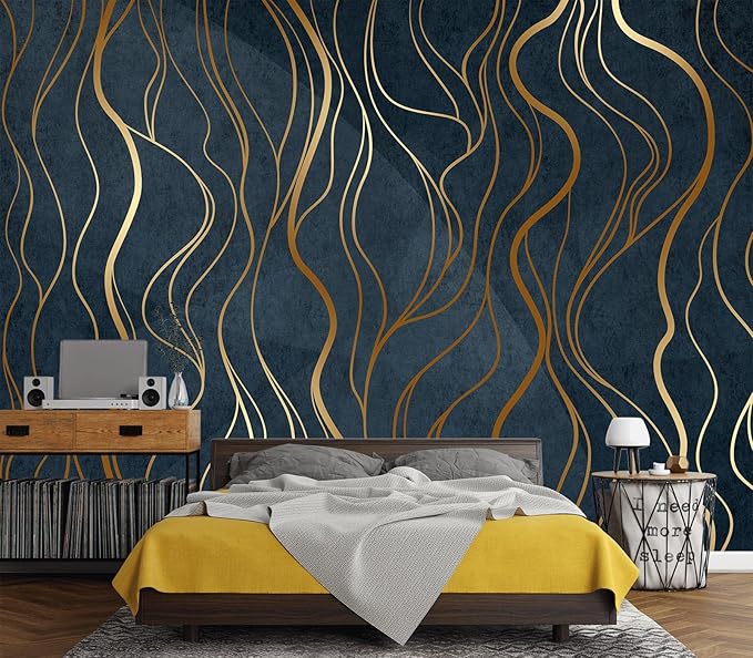Eierme-Abstract Luxury Golden Wallpaper Wavy line Art Background Dynamic Ribbons 90" x 67"