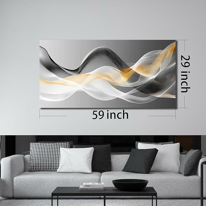 JuhaiArt Abstract Wall Art White Wall Decor for Living Room Office Large Black Canvas Art Picture Gold Artwork 29" x 59" Modern Prints