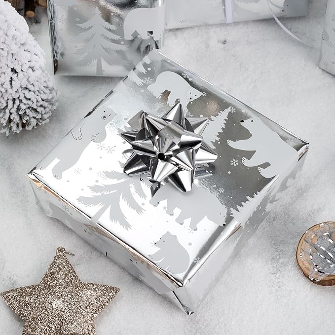 MAYPLUSS Foil Gift Wrapping paper Roll - 17 Inch X 33 Feet - Elegant Silver Christmas Seasonal Festive Gift Wrap Bear w/Glossy Foil-Like Shine Pattern for Christmas, Holiday, Birthday and Art Crafts
