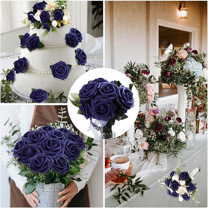 50 Pcs Artificial Foam Rose Flowers Faux Bouquet with Leaves and Stems for DIY Wedding Bouquets Centerpieces Bridal Shower Party Valentine Home Decorations (Navy Blue)