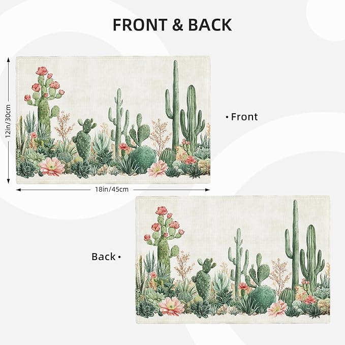 Cute Cactus Placemats Set of 6, Western Succulent Place Mats, Rustic Summer Plant Dining Table Mats, Washable Placemats for Kitchen Dining Room 18L'' × 12W''