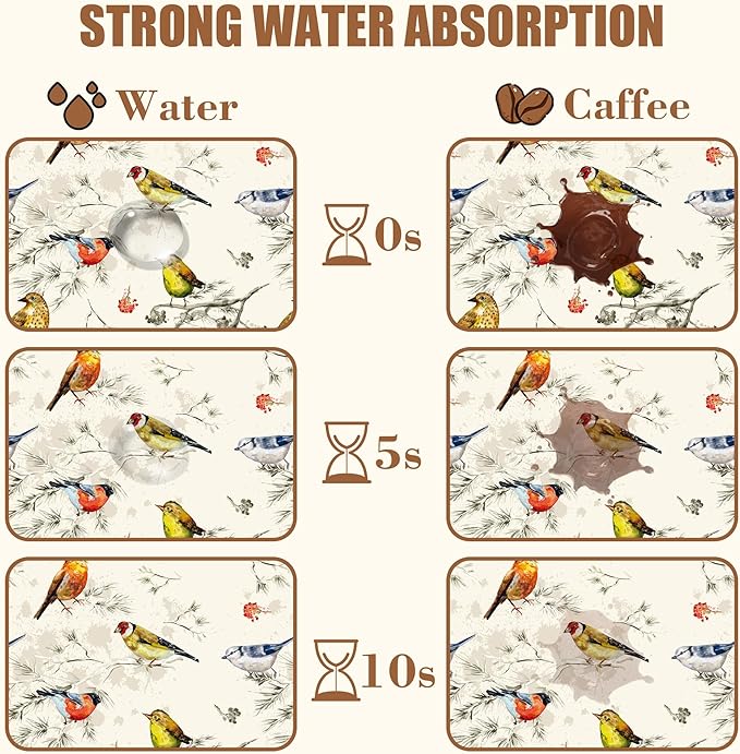 Cute Birds Coffee Mat Absorbent Dish Drying Mat for Kitchen Counter Hide Stain Rubber Backed Coffee Bar Accessories Fit Under Espresso Machine Cafe Table, 11.8 x 19.7 Inch