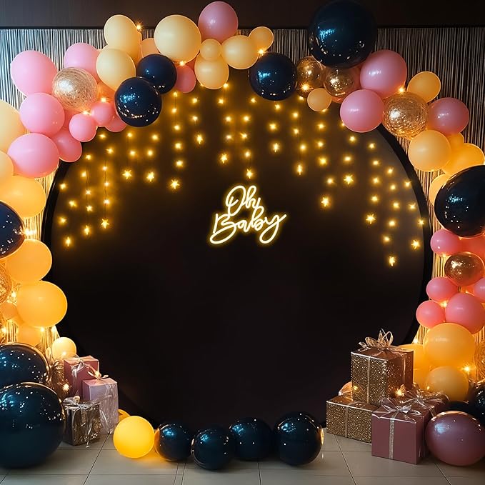 7.2 FT Black Round Backdrop Cover with Lights String for Circle Arch Stand Circle Backdrop Covers with LED Fairy Lights for Wedding Arch Baby Shower Birthday Party Photo Shoot Photography Background