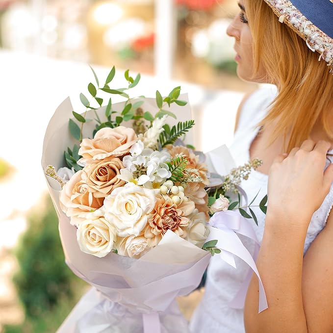 Artificial Flowers, Fake Flowers, Silk Flowers with Stem for DIY Nude Flower Box Wedding Bouquet Centerpieces Shower Party Floral Arrangement Décor
