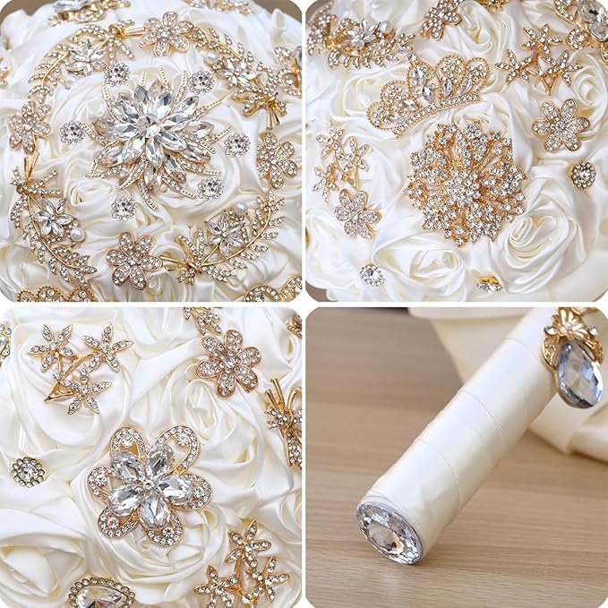 Handmade Satin Rose Floral Bling Pearl Decor Bridal Wedding Bouquet Rhinestone Pendant Artificial Brooch Flowers for Bride Bridesmaid Quinceanera