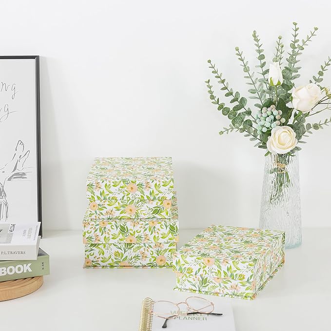 Soul & Lane Decorative Cardboard Storage Boxes, Set of 3 Floral Pattern Keepsake Boxes with Magnetic Closure, Nesting Memory Storage for Organizing and Home Décor, Garden Rose