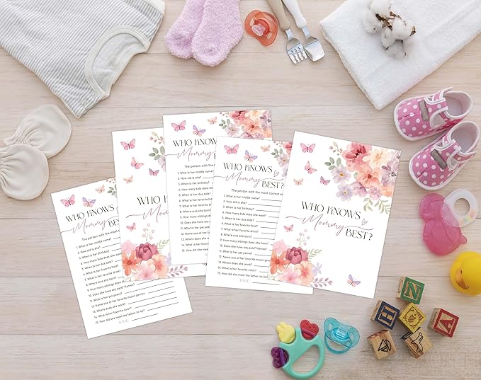 Baby in Bloom Baby Shower Games, Floral Who Knows Mommy Best Game for 30 Guests with Game Cards, Gender Reveal, Baby Shower Supplies & Decorations (DV24)