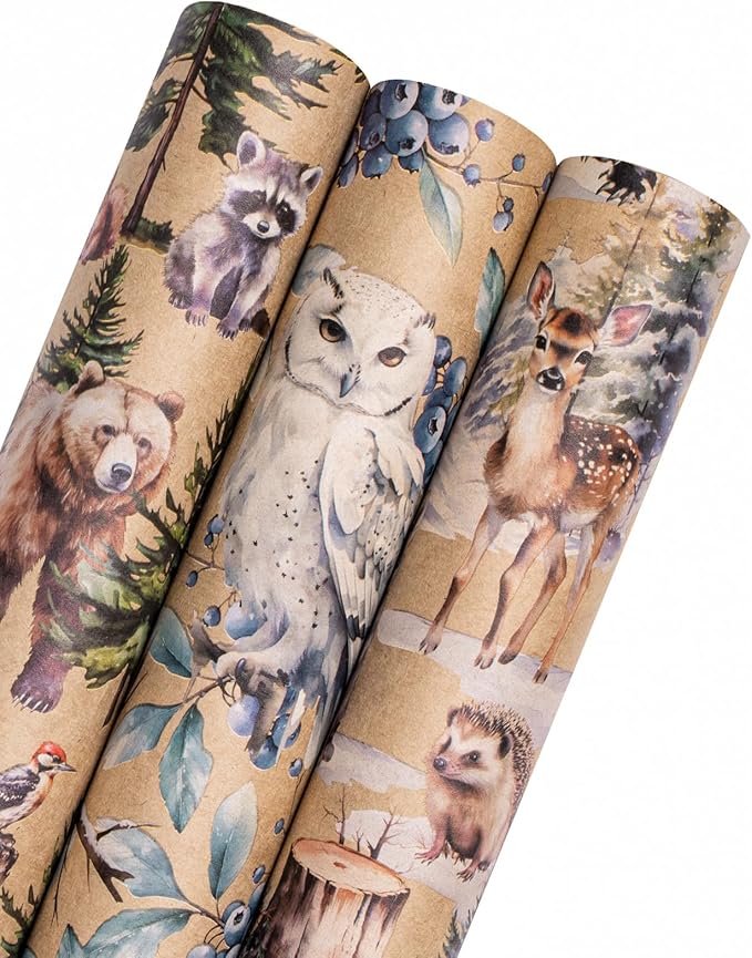 WRAPAHOLIC Kraft Christmas Wrapping Paper Roll - Mini Roll - 3 Rolls - 17 Inch x 120 Inch Per Roll - Wild Animals Winterfall Watercolor Holiday Collection