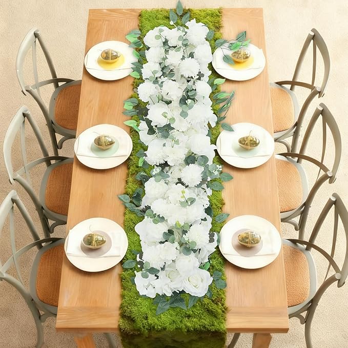 Eapmic Artificial Flower Row, 39.37in Peony Hydrangea Floral Arrangement, Faux Flower Panel Table Centerpiece for Wedding Arch Wall Backdrop Ceremony Reception Home Party Decoration (White)