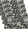 Retro Flowers Placemats Set of 6, 17x12 Inch Modern Aesthetic Black White Florals Leaves Art Print Table Mats for Home Party Kitchen Dining Decor