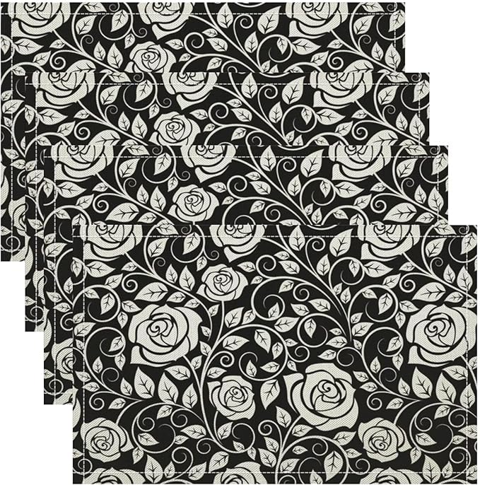 Retro Flowers Placemats Set of 4, 17x12 Inch Modern Aesthetic Black White Florals Leaves Art Print Table Mats for Home Party Kitchen Dining Decor