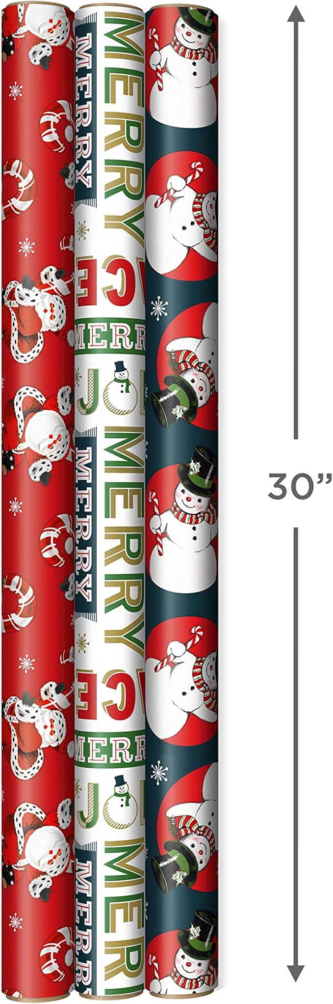 Hallmark Vintage Christmas Wrapping Paper Cut Lines on Reverse (3 Rolls: 120 sq. ft. ttl) Dancing Santas, Classic Snowman, "Merry, Jolly, Happy, Peace"