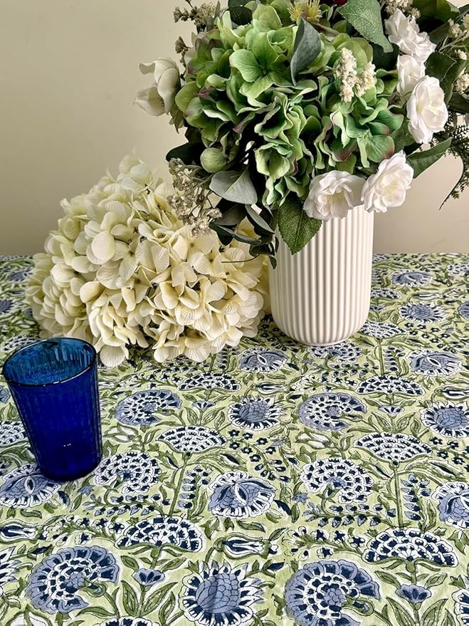 ATOSII Amara 100% Cotton Fall Tablecloth, Handblock Floral Print Rectangle Linen for Kitchen Dining I Parties Wedding Christmas Outdoors Easter I Spring Summer 72 X 140 Inches I 12 Seater