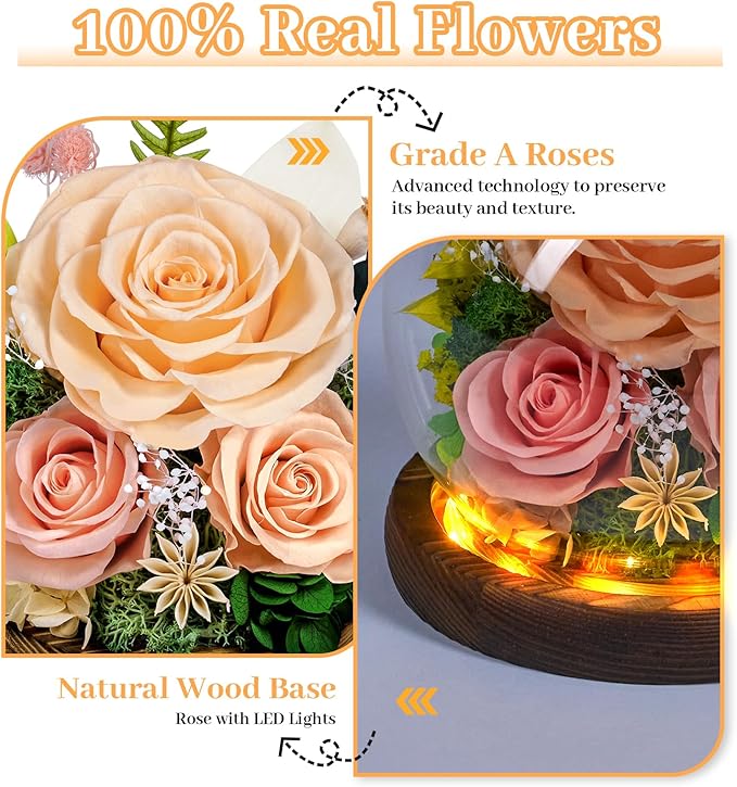 Preserved Roses Forever Flowers in Glass - Birthday Gifts for Women Mom, Real Flowers for Delivery Prime | Rose Gift for Grandma Wife Sister Friend (Mix Champagne)