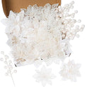 24Pcs Christmas Poinsettia Artificial Flowers and Glitter Berries Kit, 2 Styles Total 16Pcs Christmas Tree Flowers Ornaments, 8Pcs Christmas Tree Picks for Wedding Holiday Decorations, White