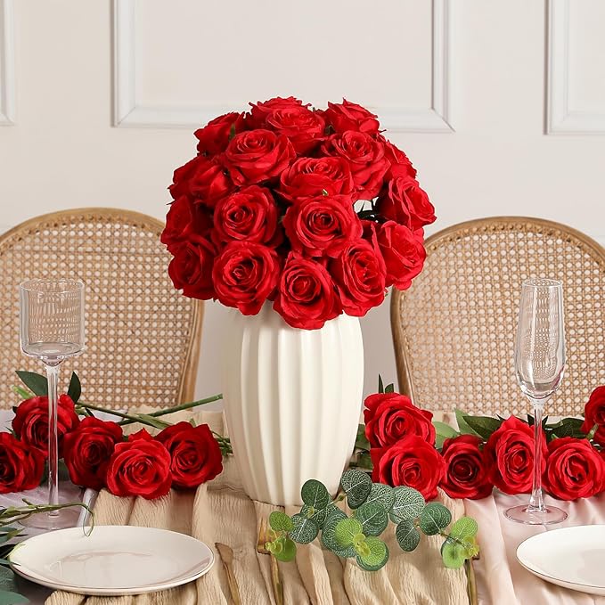 Kisflower 80 Pcs Red Roses Artificial Flowers Bulk, Silk Roses with Stems Real Look Artificial Red Roses for Decoration DIY Wedding Bouquet Bridal Shower Party Home Table Centerpieces Decor (Red)