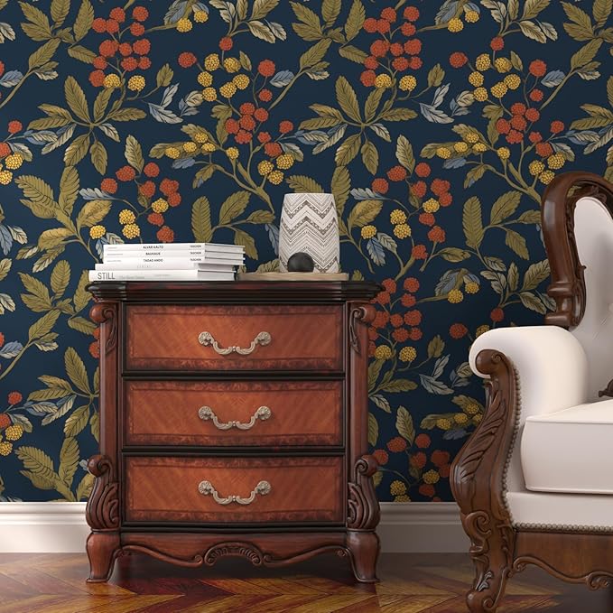 Navy Blue Floral Wallpaper Peel and Stick, Vintage Contact Paper 17.5" x 118", Dark Leaf Botanical Boho Wall Paper Self Adhesive Waterproof Removable for Room Shelve Cabinet Drawer Table Decor