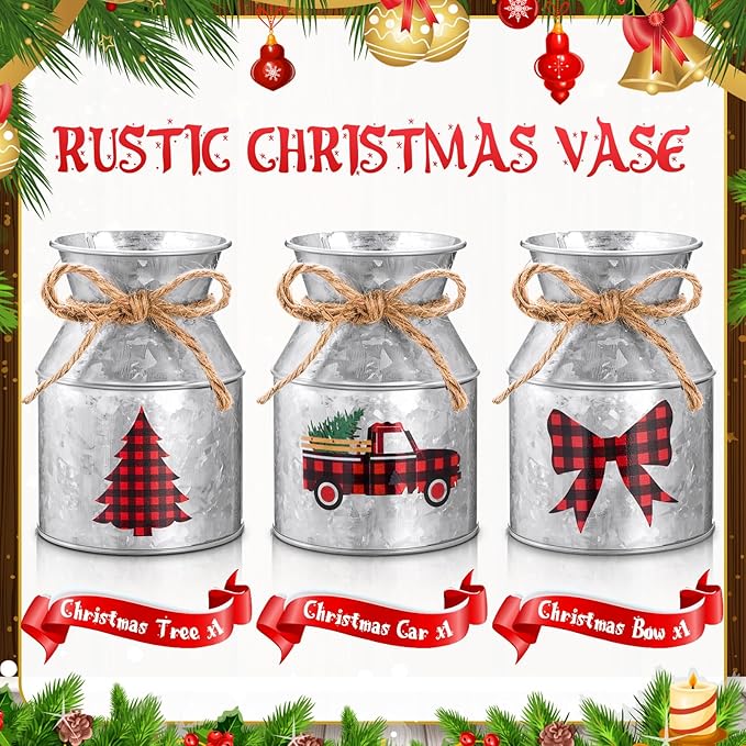 Domensi 3 Pcs Christmas Flower Vases for Table Centerpieces Bulk 5.12 Inch Metal Galvanized Farmhouse Flower Buckets with Bow Rustic Xmas Milk Can Jug for Kitchen Dining Room Table Decor (Iron)