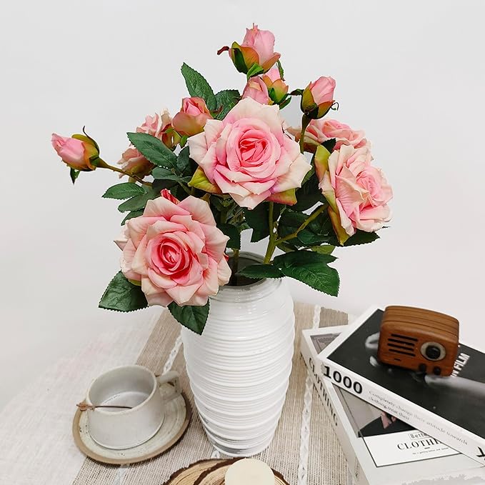 ATFL Fake Pink Roses Flowers, 6 Pcs Faux Silk Real Touch Moisturizing Artificial Pink Rose Flowers for Decoration DIY, Wedding Party, Home Office Decoration and Dining Table Centerpiece (6, Pink)